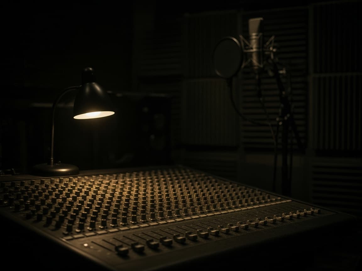 A dim recording studio at night lit by a single desk lamp.